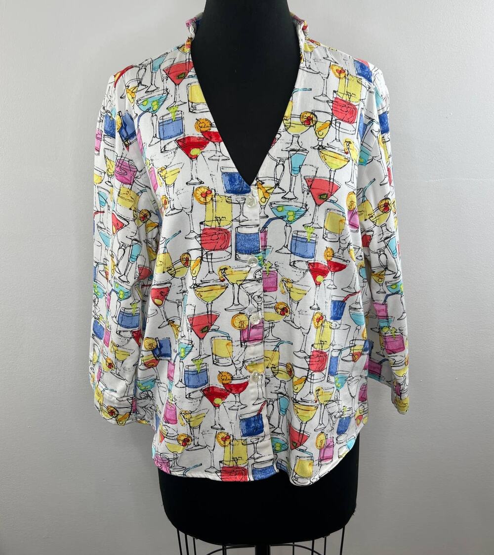 VINTAGE All Hours Cocktail Drinks 3/4 Sleeve V-Neck Button Shirttail Blouse M L